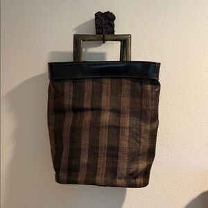 Brown Striped Handbag with Square Handles